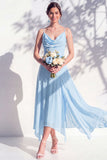 Blue A Line Floral Cowl Neck Long Chiffon Bridesmaid Dress