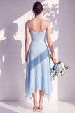 Blue A Line Floral Cowl Neck Long Chiffon Bridesmaid Dress