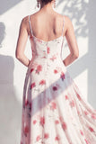 Green Floral A Line Cowl Neck Bridesmaid Dress