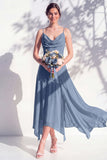 Blue A Line Floral Cowl Neck Long Chiffon Bridesmaid Dress