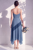 Blue A Line Floral Cowl Neck Long Chiffon Bridesmaid Dress