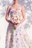 Blue A Line Floral Cowl Neck Long Chiffon Bridesmaid Dress