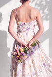 Blue A Line Floral Cowl Neck Long Chiffon Bridesmaid Dress