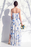 Strapless Tiered Green Floral A Line Bridesmaid Dress