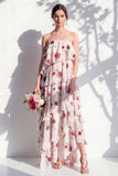 Strapless Tiered Green Floral A Line Bridesmaid Dress
