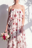 Strapless Tiered Green Floral A Line Bridesmaid Dress