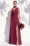 One Shoulder Green A Line Long Floral Bridesmaid Dress with Slit