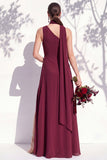 One Shoulder Green A Line Long Floral Bridesmaid Dress with Slit