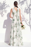 One Shoulder Green Floral A Line Bridesmaid Dress with Slit