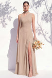 One Shoulder Green A Line Long Floral Bridesmaid Dress with Slit