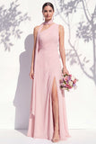 One Shoulder Green A Line Long Floral Bridesmaid Dress with Slit