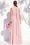 One Shoulder Green A Line Long Floral Bridesmaid Dress with Slit