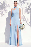 One Shoulder Green A Line Long Floral Bridesmaid Dress with Slit