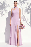 One Shoulder Green A Line Long Floral Bridesmaid Dress with Slit