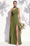 One Shoulder Green A Line Long Floral Bridesmaid Dress with Slit