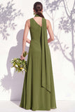 One Shoulder Green A Line Long Floral Bridesmaid Dress with Slit