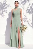 One Shoulder Green A Line Long Floral Bridesmaid Dress with Slit