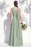 One Shoulder Green A Line Long Floral Bridesmaid Dress with Slit