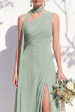 One Shoulder Green A Line Long Floral Bridesmaid Dress with Slit