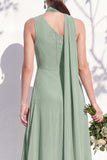 One Shoulder Green A Line Long Floral Bridesmaid Dress with Slit