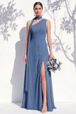 One Shoulder Green A Line Long Floral Bridesmaid Dress with Slit