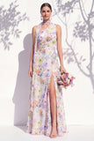 One Shoulder Green A Line Long Floral Bridesmaid Dress with Slit