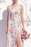 One Shoulder Green A Line Long Floral Bridesmaid Dress with Slit