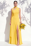 One Shoulder Green A Line Long Floral Bridesmaid Dress with Slit