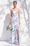 Strapless Blue Floral A Line Bridesmaid Dress with Slit