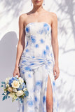 Strapless Blue Floral A Line Bridesmaid Dress with Slit