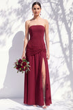 Strapless Blue Floral A Line Long Bridesmaid Dress with Slit
