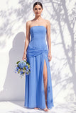 Strapless Blue Floral A Line Long Bridesmaid Dress with Slit