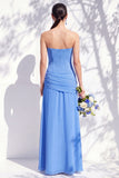Strapless Blue Floral A Line Long Bridesmaid Dress with Slit