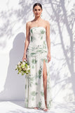 Strapless Blue Floral A Line Bridesmaid Dress with Slit