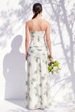Strapless Blue Floral A Line Bridesmaid Dress with Slit