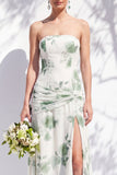 Strapless Blue Floral A Line Bridesmaid Dress with Slit