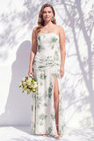 Strapless Blue Floral A Line Bridesmaid Dress with Slit