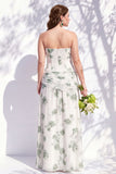 Strapless Blue Floral A Line Bridesmaid Dress with Slit