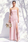 Strapless Blue Floral A Line Long Bridesmaid Dress with Slit