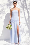 Strapless Blue Floral A Line Long Bridesmaid Dress with Slit
