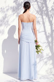 Strapless Blue Floral A Line Long Bridesmaid Dress with Slit