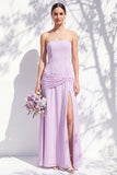 Strapless Blue Floral A Line Long Bridesmaid Dress with Slit