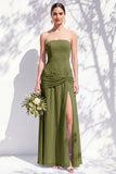 Strapless Blue Floral A Line Long Bridesmaid Dress with Slit