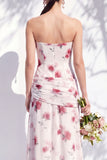 Strapless Blue Floral A Line Bridesmaid Dress with Slit