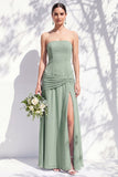 Strapless Blue Floral A Line Long Bridesmaid Dress with Slit