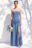 Strapless Blue Floral A Line Long Bridesmaid Dress with Slit