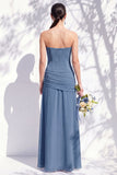 Strapless Blue Floral A Line Long Bridesmaid Dress with Slit