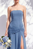 Strapless Blue Floral A Line Long Bridesmaid Dress with Slit