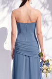 Strapless Blue Floral A Line Long Bridesmaid Dress with Slit