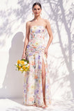 Strapless Blue Floral A Line Long Bridesmaid Dress with Slit
